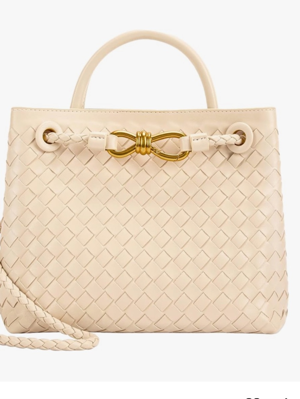 Cream Woven Leather Tote with Gold Accent